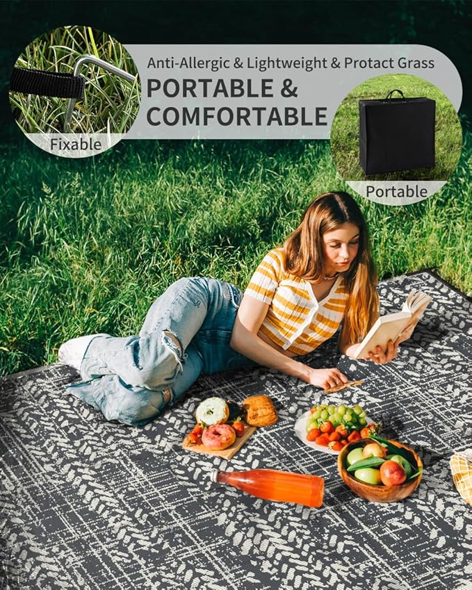 MontVoo Outdoor Rug 9x12 Waterproof-Patio Rug Outdoor Carpet Reversible RV Camping Picnic Plastic Straw Rug Outside Outdoor Area Rug for Balcony Deck Backyard Patio Decor Boho Modern Abstract Grey