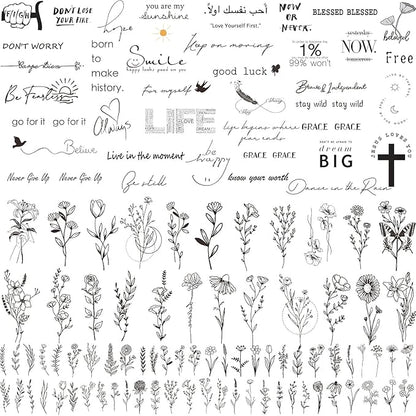 160+ PCS 74 Sheets Realistic Three Types Fake Temporary Tattoos, Include 40 Sheets Inspirational Quotes Words Tattoos, 22 Sheets Wild Flower Tattoos, 12 Sheets Small Flower Tattoo Stickers For Women