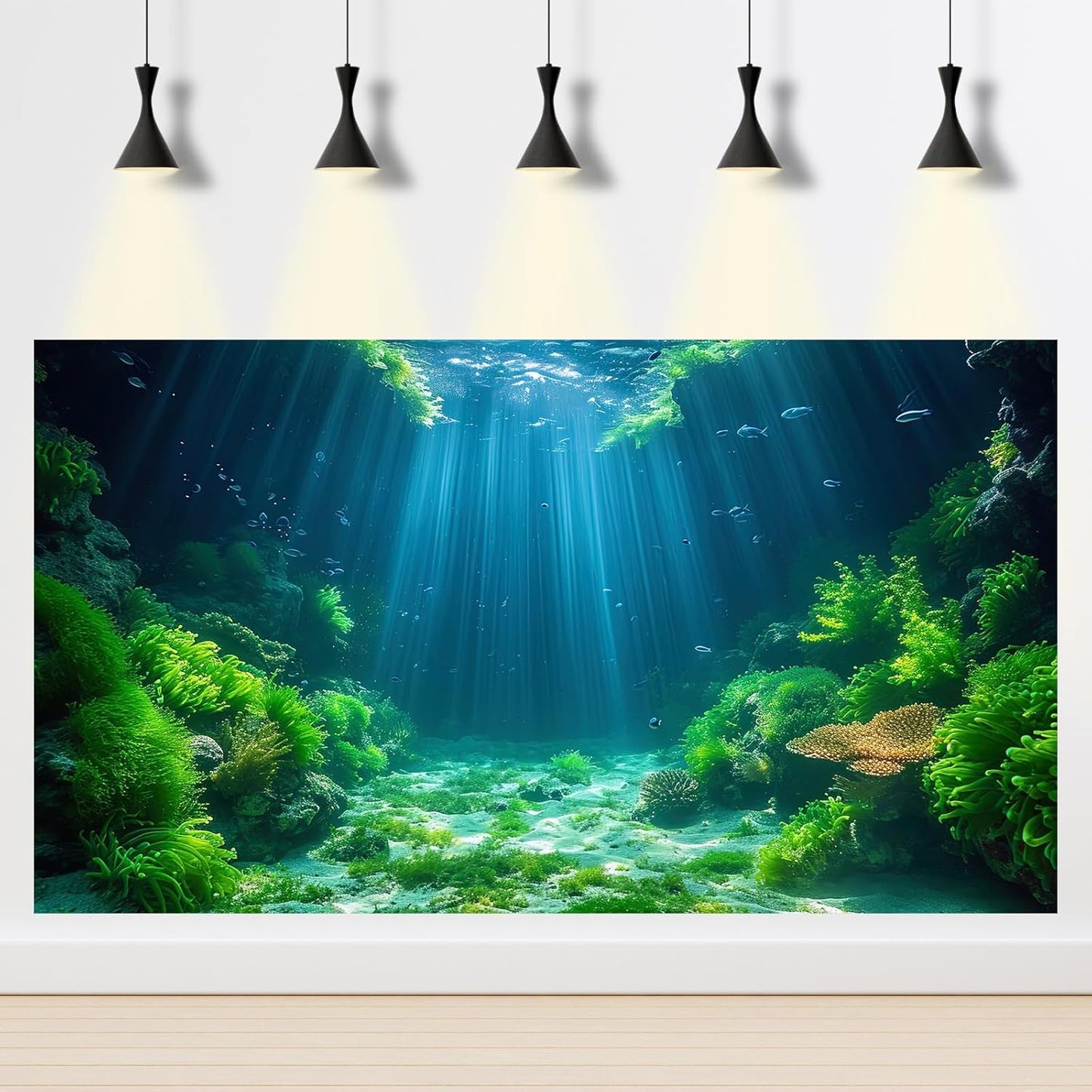 Aquarium Background Aquatic Plants Soft Algae Terrarium Backdrop Underwater World Fish Rock with Moss Sunlight Rays Fish Tank Background Aquarium Wallpaper Poster Decor Vinyl 24x12in