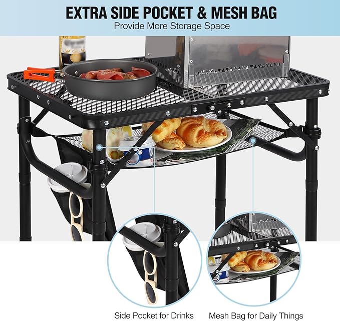 RedSwing Folding Grill Table, Lightweight Height Adjustable Aluminum Table with Mesh Desktop and Mesh Bag for Outdoor Camping Picnic BBQ, Small 2 Feet, Black