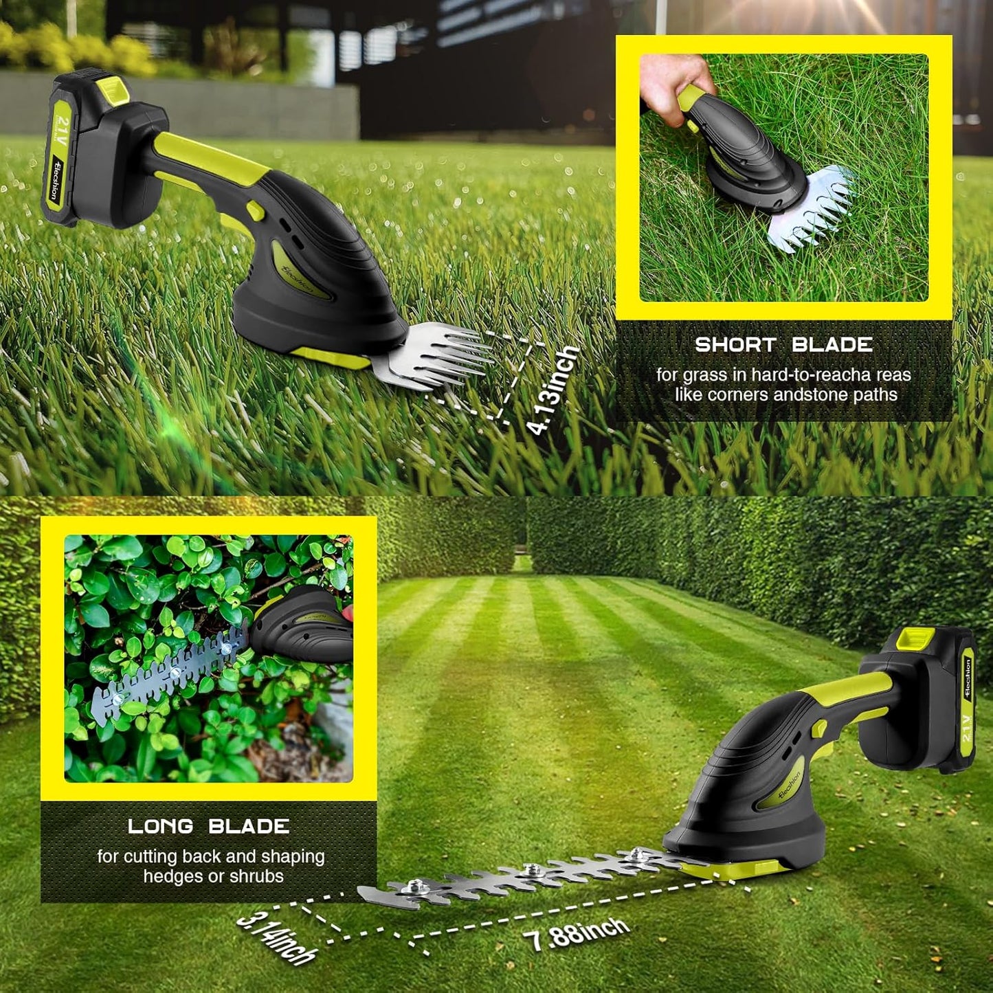 Cordless Hedge Trimmer with Battery and Charger Included, 2 in 1 Handheld Small Electric Bush Trimmers/Grass Cutter Yard Tool for Shrub,Tree,Lawn, Battery Powered Hedge Clippers for Garden