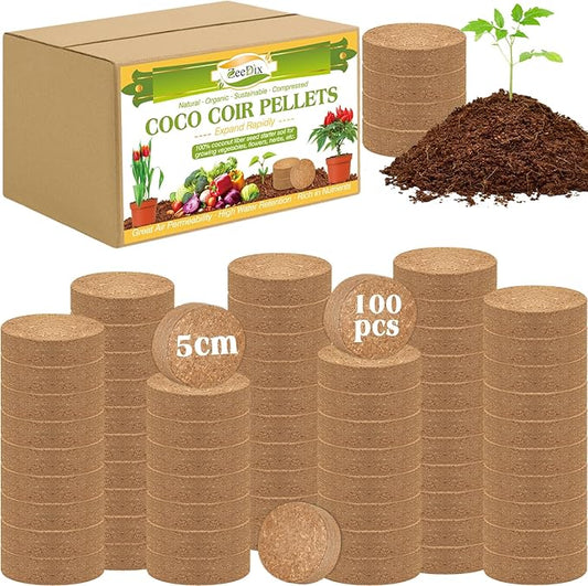 ZeeDix 100pcs 50mm Coco Coir Pellets, Compressed Coconut Coir Seed Starter Pellets Potting Soil Indoor Plants Soil Discs for Planting Flowers Bonsai Herbs Plants and Vegetables