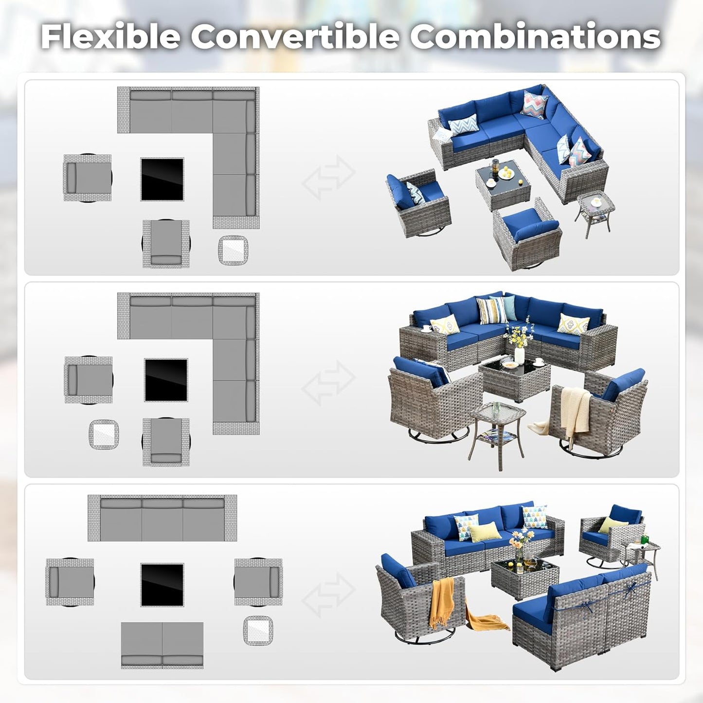 ovios 9 Pieces Patio Furniture Set, Outdoor Wicker Sectional Sofa with 2 Swivel Chairs Coffee Table, Modern Modular Deep Seat Rattan Couch Conversation Sets, Navy Blue