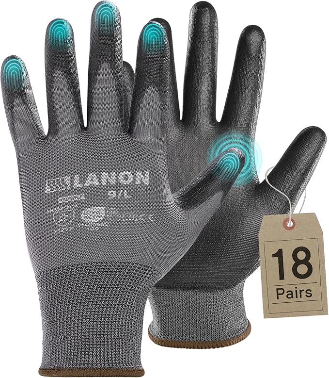 LANON 18 Pairs Safety Work Gloves, Mechanic Working Gloves for Men,Breathable PU Coated, Seamless Knit,Double Wash, Grey, Large