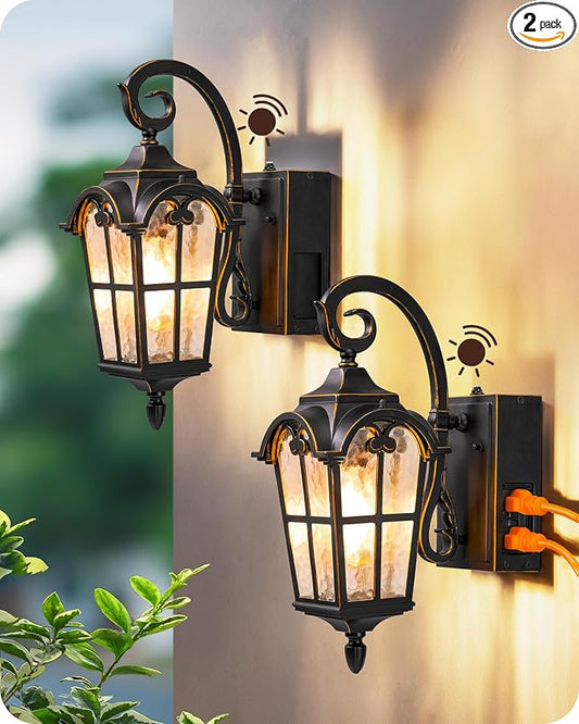 EDISHINE 2 Pack Dusk to Dawn Outdoor Wall Lights, Porch Lights with GFCI Outlet, Retro Black Outdoor Wall Lantern, Waterproof Outside Exterior Light Fixture for Front Door, Patio, Garage, E26 Socket