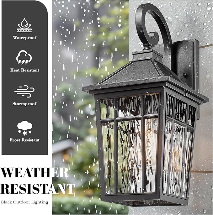 Outdoor Wall Lights 14 Inch Exterior Waterproof Lighting Fixtures Aluminum Material and Water Ripple Glass E26 Socket Black Outdoor Lights for House Garages