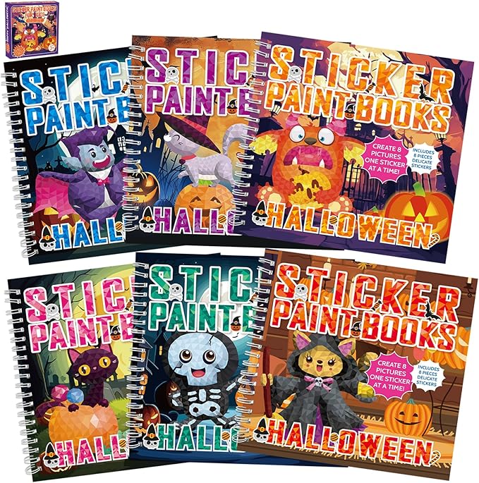 6 PCS Halloween Paint by Sticker Books for Kids Ages 4-8 Sticker by Number Books Activity Book for Kid Ages 3-5 Sticker Puzzle Book Craft Art Toddler Girl Gift with Pumpkin Ghost Monster 48 Pictures