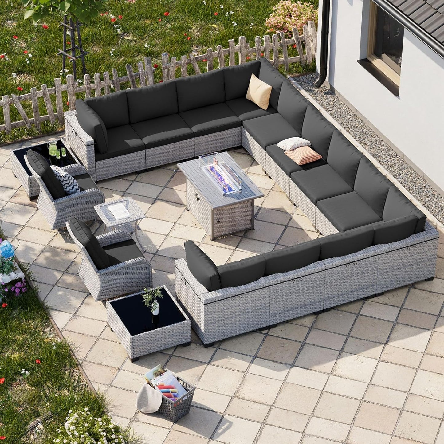 18-Piece Patio Furniture Set, Outdoor Patio Furniture with 55,000 BTU Fire Pit Table, Swivel Chairs Set, Thick Cushions, Modular Patio Sofa, Dual-Strand Wicker Rattan, Rust-Resistant Frame,Black