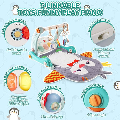 deAO Baby Play Mat Gym Tummy Time Mat Infant Play Center and Baby Activity Mat Baby Learning Walker Detachable Play Piano and Rattles, Baby Gifts for Babies 0-12+ Months, Penguin