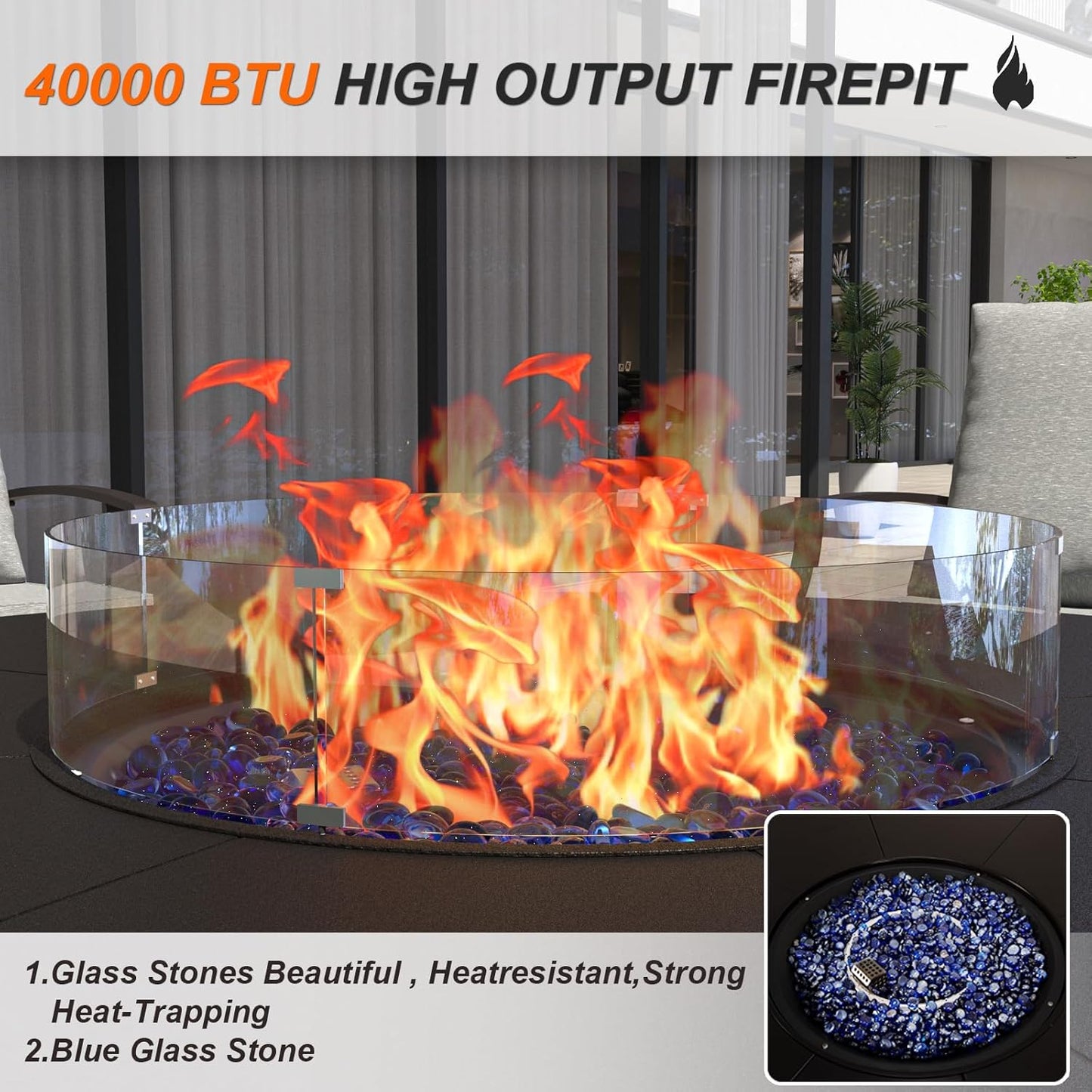 Kurapika Propane Round Fire Pit Table 48in, 40,000 BTU Auto-Ignition Round Gas Fire Pits, CSA Certification, Wider Desktop Round Fire Tables with Windshield, Blue Stone and Lid, for Outside Patio