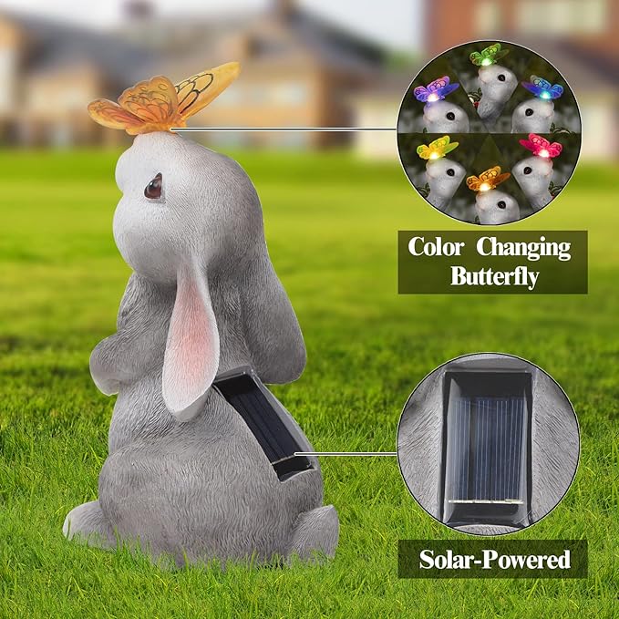 Garden Statue Outdoor Decor-Rabbit with Solar Butterfly Changing Lights Garden Statues,Bunny Statue for Patio,Balcony,Yard,Lawn Ornament,Gardening Gifts for Mom Grandma
