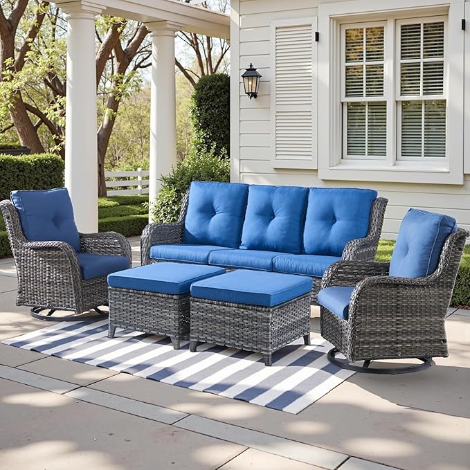 Outdoor Wicker Patio Furniture Set - 5 Piece Rattan Patio Conversation Set with 2 Rocking Swivel Chairs,2 Ottomans and 1 Sofa for Porch Deck Backyard Garden(Mixed Grey/Blue)