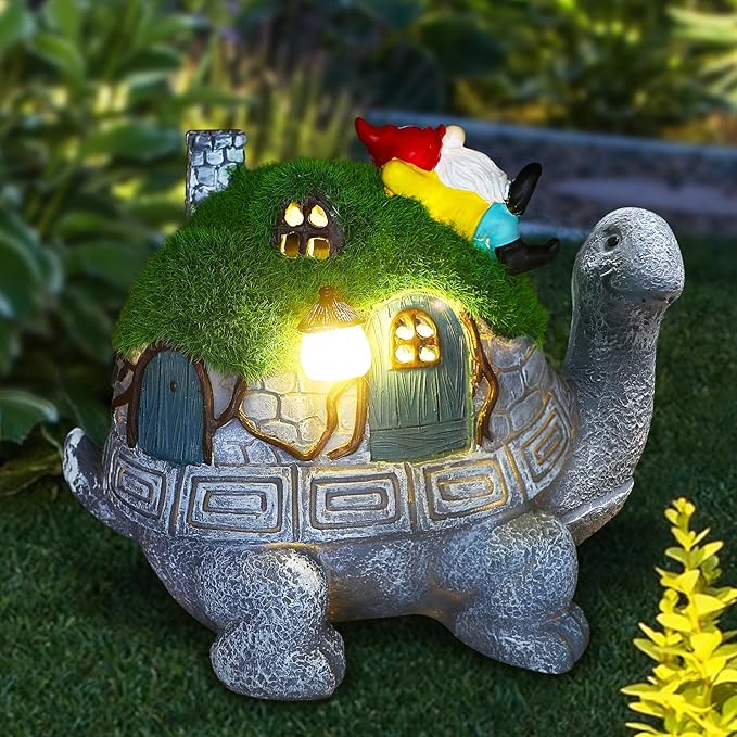 Turtle Solar Light Outdoor Garden Solar Turtle House Light Cute Turtle Garden Statue for Outdoor, Lawn Turtle with Gnome Statues Solar Light, Unique Gifts for Kindred Friend Yard Patio Decor