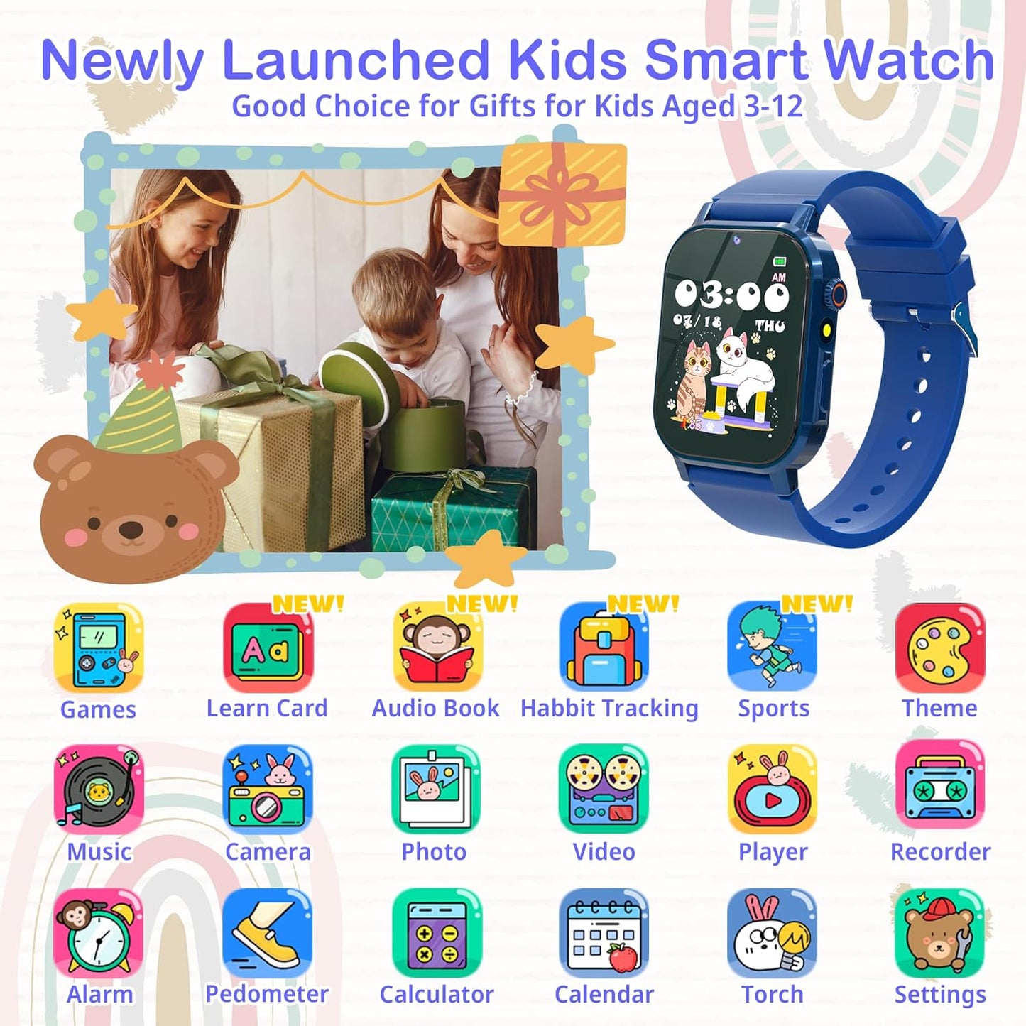 Kids Smart Watch Boys with 32 Games, Kids Watch for Boys Age 5-12 with HD Touch Screen Camera Pedometer Video Music Player Audiobook, Toys for 10 9 8 7 6 5 Year Old Boy Birthday Gift