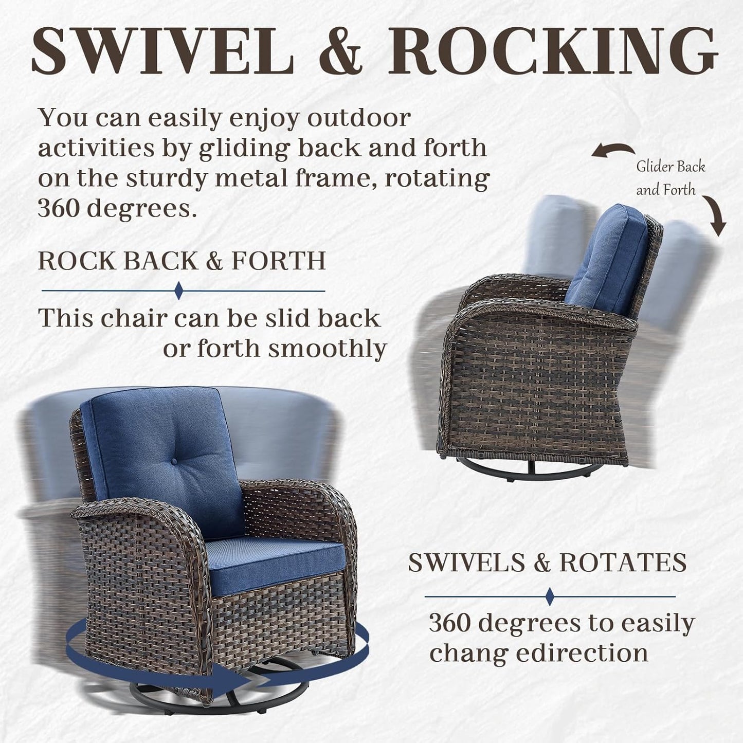 HUMMUH 7 Piece Patio Furniture Set with Fire Pit Table,Wicker Patio Swivel Rocker Outdoor Chairs 3-Seat Sofa for Porch,Poolside,Deck