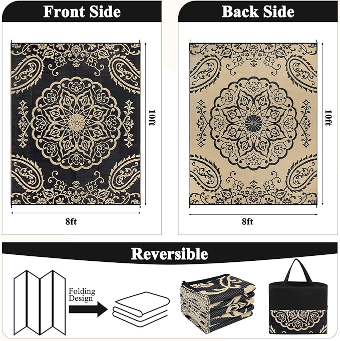 Pauwer Waterproof Outdoor Rug 8x10, Reversible Plastic Straw Patio Camping Rug, Indoor Outdoor RV Mat Carpet for Deck, Camper, Porch, Balcony, Backyard, Picnic, Boho Black Brown