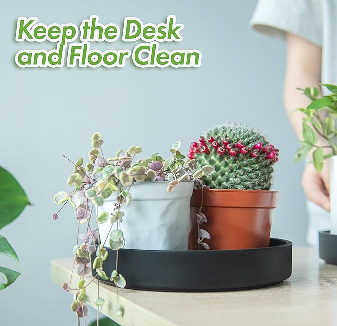 Phoenix Vine 8 Inch Plastic Plant Saucer Water Drip Tray, Heavy Sturdy Round Plant Drainage Tray for Indoors Outdoor, Matte Black, 21-TY-8B-1