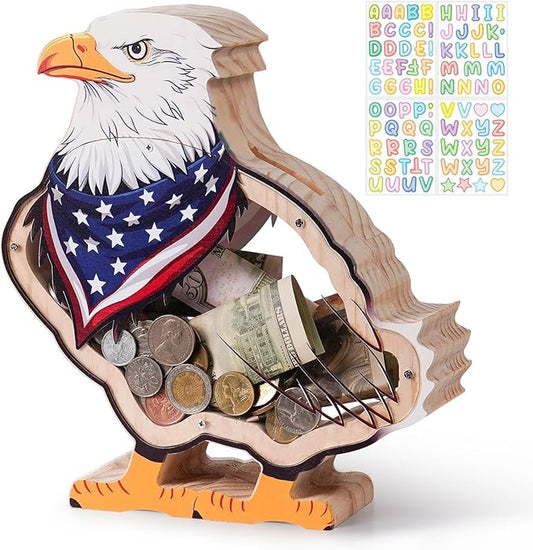 Wooden Eagle Piggy Banks for Kids Money Coin Bank, Cute Unbreakable Piggy Bank DIY Personalized Kids Safe Money Box with Stickers, Toddler Birthday Baptism Gifts for Girls Boys Eagle Lovers