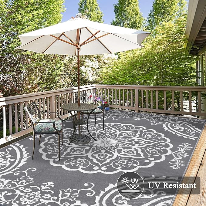 Pauwer Waterproof Outdoor Rug 10x14, Reversible Plastic Straw Patio Camping Rug, Indoor Outdoor RV Mat Carpet for Deck, Camper, Porch, Balcony, Backyard, Picnic, Boho Grey