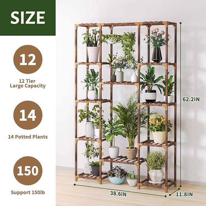 Uneedem Plant Stand Indoor Outdoor, Tall Plant Shelf for Multiple Plants, 12 Tiers 14 Pot Large Plant Rack Wood Plant Holder Plant Shelves for Room Corner Balcony Garden Patio