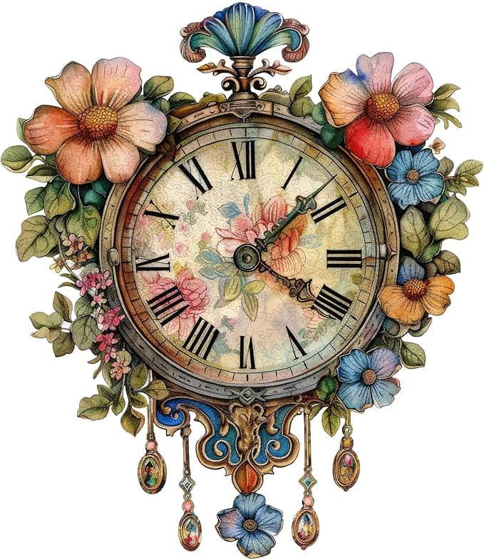 Jiroinlly Wooden Jigsaw Puzzles, Flower Clock Wooden Puzzles for Adults 200 Pieces, Unique Shaped Wood Puzzle, Beautiful Package, Best Gift Toys for Adults and Kids, Family Game,12.2'' x 10.6''