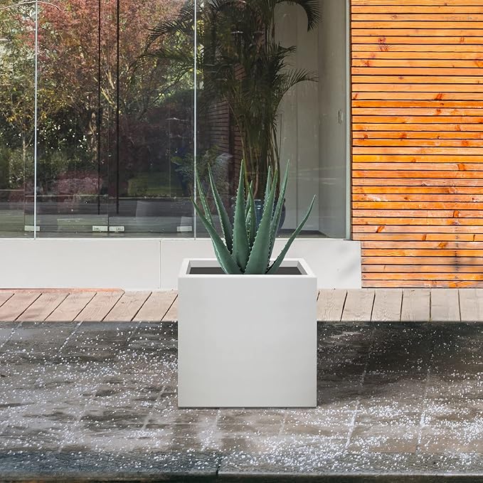 Kante 12 Inch Square Concrete Planter for Outdoor Indoor Home Patio Garden, Large Plant Pot with Drainage Hole and Rubber Plug, Pure White