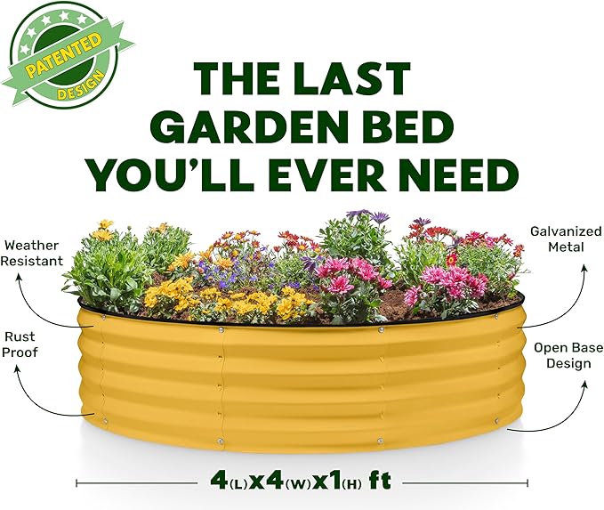Round Galvanized Raised Garden Bed // 4×4×1 ft (2-Pack) Galvanized Raised Garden Beds Outdoor for Gardening, Vegetables, Flowers // Patented Tool-Free Design Round Planter (Yellow)