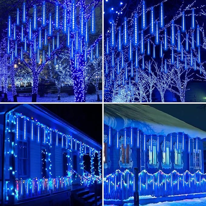 YIQU 2-Pack Extendable Christmas Lights Outdoor,16 Tubes 384 led Meteor Shower Rain Lights Led Falling Icicle Lights Perfect for Christmas Holiday Party Home Patio Outdoor Decorations(Blue)