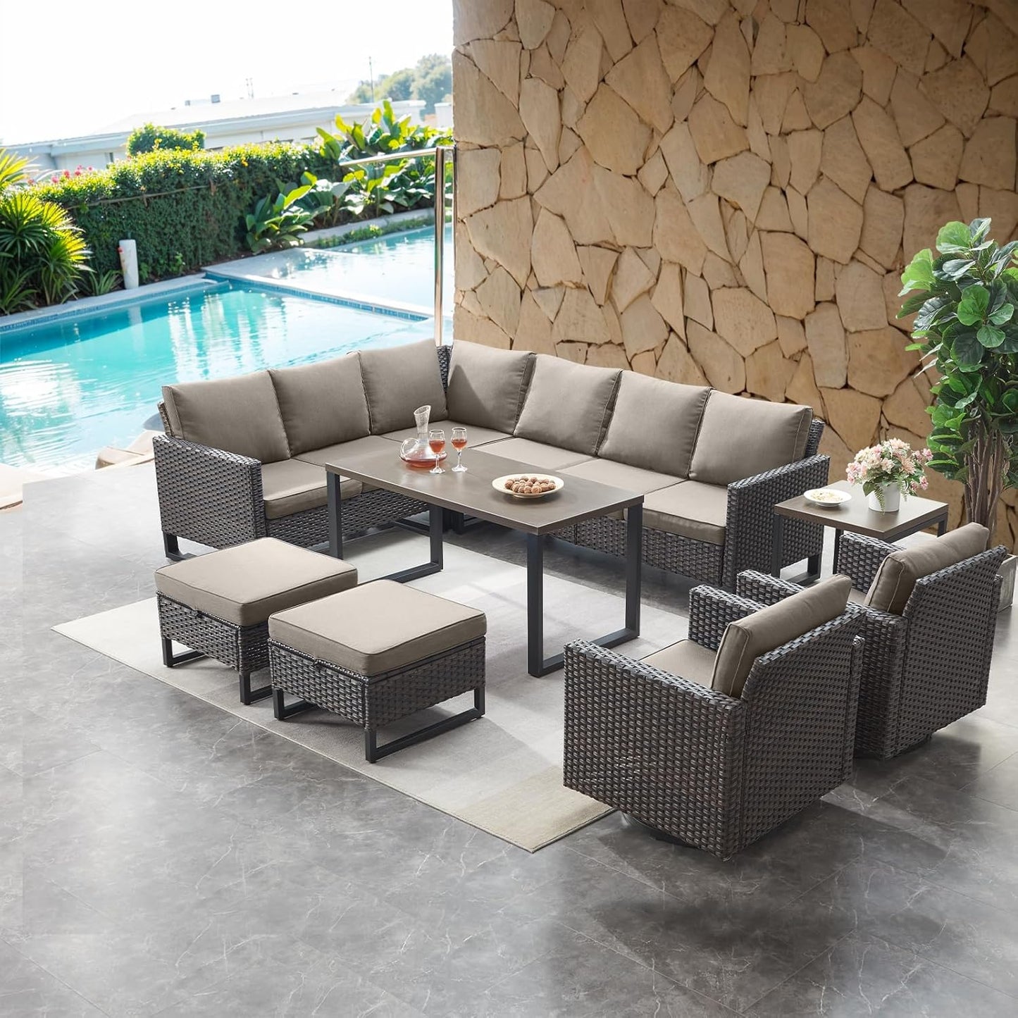 HUMMUH 8 Piece Patio Furniture Set PE Wicker Outdoor Sectional Sofa and Patio Swivel Chairs Outdoor Dining Table Ottomans for Porch,Garden,Backyard,Deck(Brown/Grey)
