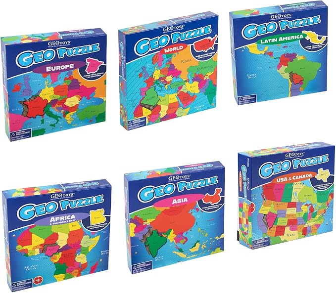 GeoToys GeoPuzzle, Country-Shaped Jigsaw Puzzles Set of 6, Geography Puzzle, Geography Game & Map Puzzle - Jigsaw Puzzles for Kids Ages 6-9 Years Old