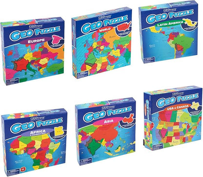 GeoToys GeoPuzzle, Country-Shaped Jigsaw Puzzles Set of 6, Geography Puzzle, Geography Game & Map Puzzle - Jigsaw Puzzles for Kids Ages 6-9 Years Old