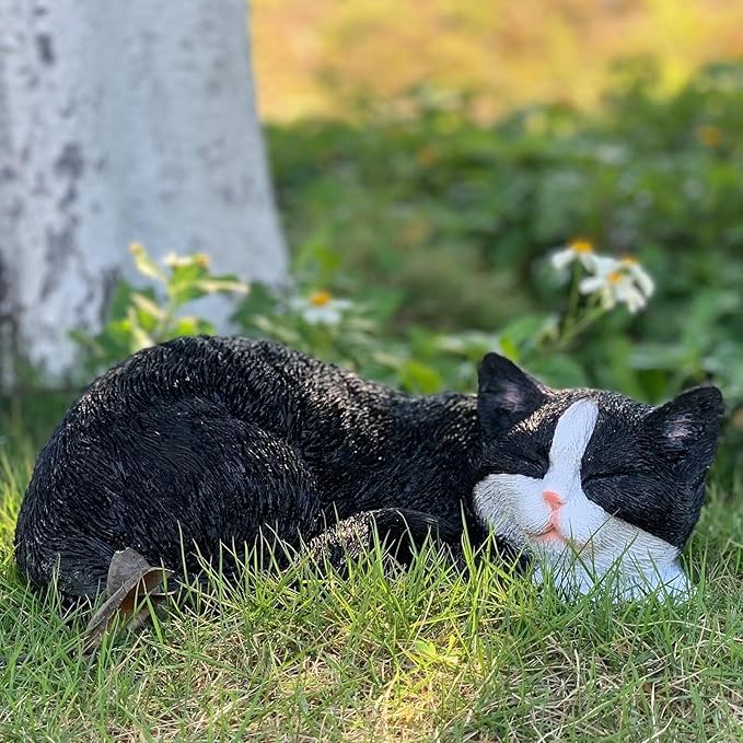 Cat Statue Outdoor Cat Figurines Garden Decor, Black Cat Statue Figurine Decor Sculpture for Patio, Yard, Sleeping Cat Statues for Indoor Table Accessory, Gift for Mom