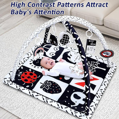 Black and White Baby Gym Play Mat with 6 Toys Tummy Time Activity Mat for Babies 0-6 6-12 Months High Contrast Baby Gyms & Playmats Sensory Toys Newborn Brain Development Infant Play Mat