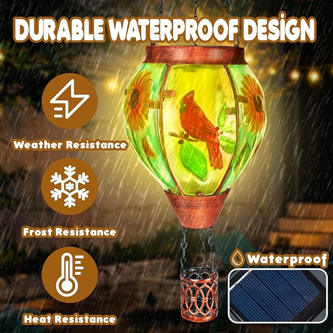 Solar Hot Air Balloon Lantern with Flame， Cardinal Glass Solar Hanging Lights Outdoor Yard Patio Farmhouse Decoration, Cardinal Gifts for Women Grandma Mom - Cardinal