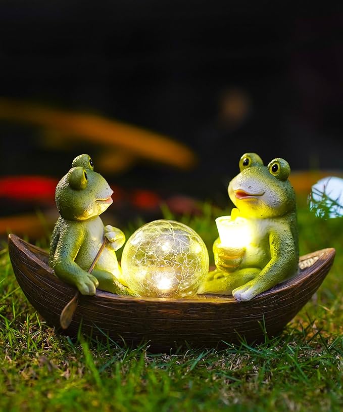Solar Frogs Boating Statue Garden Decor: Outdoor Sculpture Lights Decorations Art Ornament Yard Lawn Backyard - Ideal Gifts for Women Mom Grandma