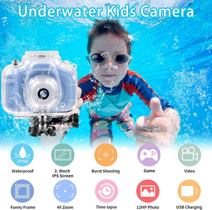 Kids Camera Waterproof Underwater Camera for 3-12 Year Old Boys Girls 2 Inch IPS Screen 1080P HD Digital Kids Video Camera Indoor Outdoor Action Cameras Best Christmas Birthday Gifts