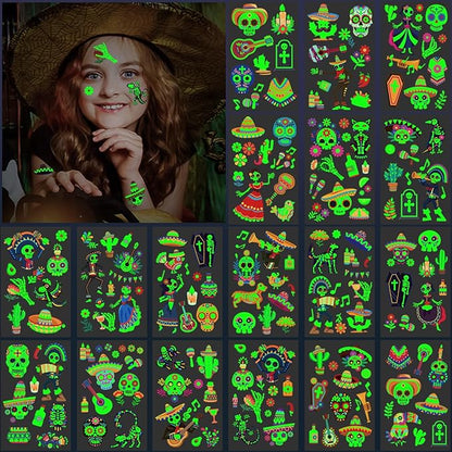 Temporary Tattoos for Day of the Dead, 36 Sheets Glow in the Dark Fake Tattoos for Adults and Kids, 180 Patterns for Halloween Make Up Party, Skull Skeleton Cat Ghost Guitar Sticker