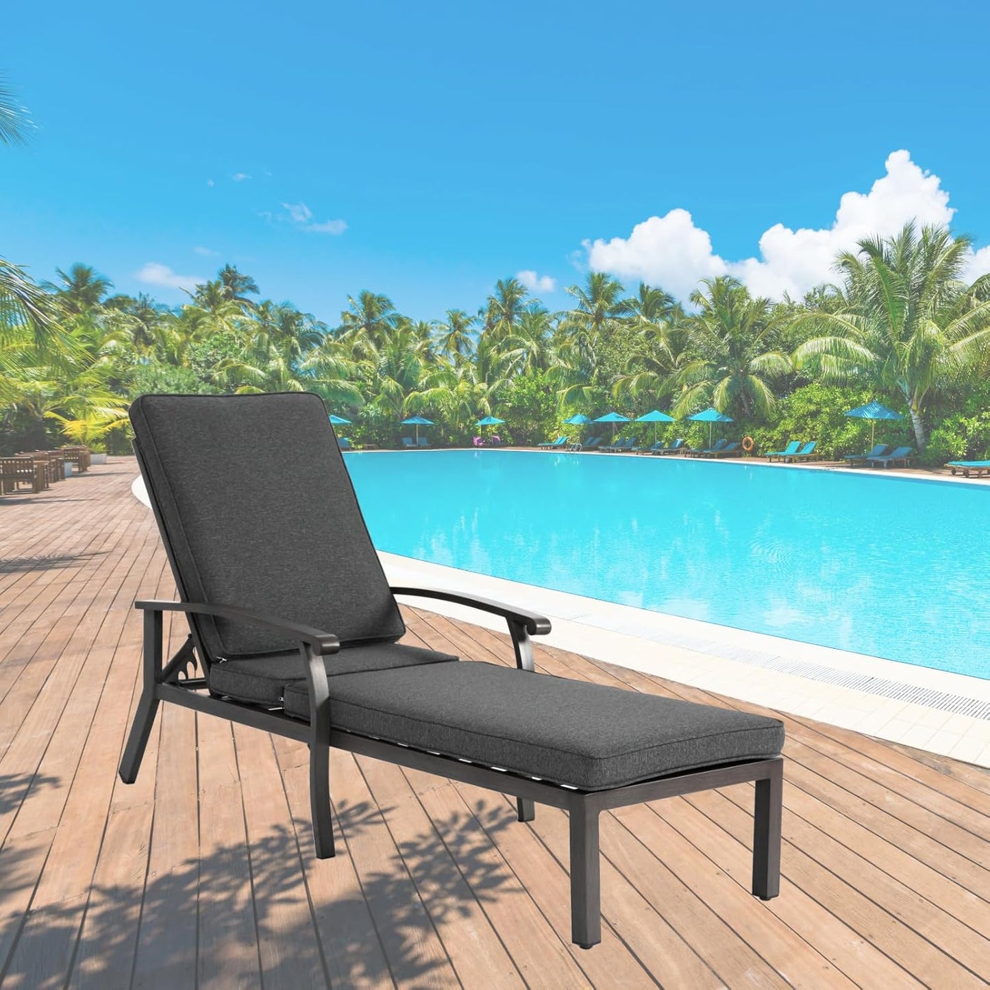 Outdoor Chaise Lounge with 5-Level Adjustable Backrest, Durable Aluminum Patio Chair with Waterproof Cushion & Wheels for Garden, Poolside, Grey