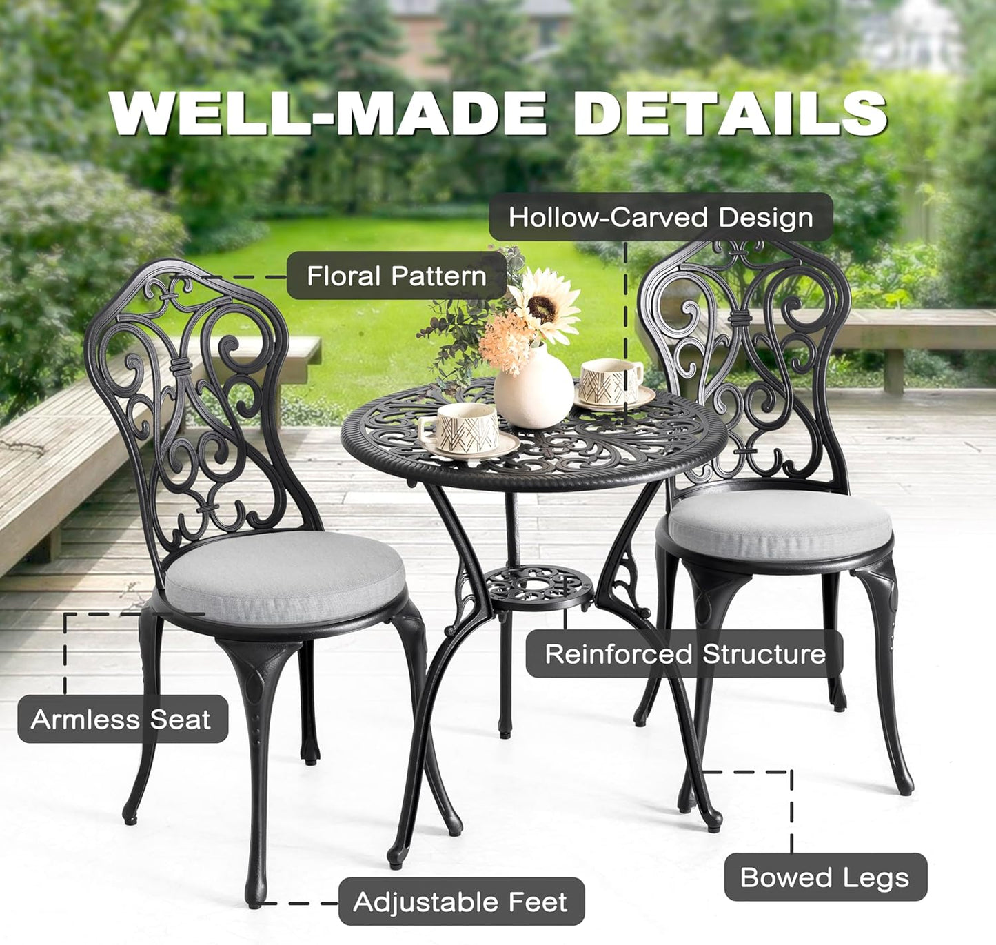 NUU GARDEN 3 Piece Outdoor Bistro Table Set, All Weather Cast Aluminum Patio Bistro Sets Patio Table and Chairs Set of 2 with Umbrella Hole for Yard, Garden, Balcony, Black