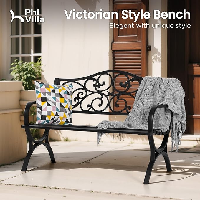 PHI VILLA 50-Inch Cast Iron Steel Frame Garden Bench Outdoor Patio Bench Chair w/Floral Design Backrest, Slatted Seat for Park, Yard & Porch, Black