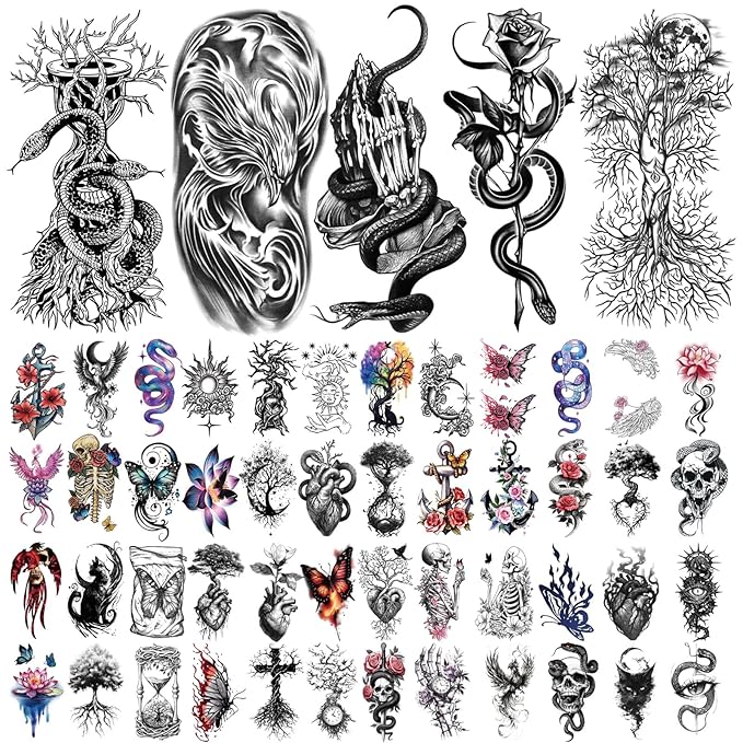 77 Sheets Temporary Tattoo for Women Men, 17 Sheets Half Arm Snake Skull Butterfly Fake Tattoos, 60 Sheets Cat Feater Wings Tiny for Adult Kids Party Body Tattoos Stickers Realistic Long Lasting
