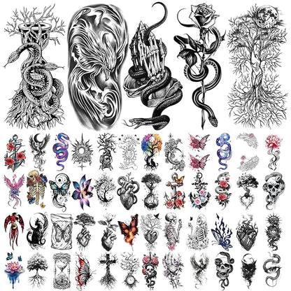 77 Sheets Temporary Tattoo for Women Men, 17 Sheets Half Arm Snake Skull Butterfly Fake Tattoos, 60 Sheets Cat Feater Wings Tiny for Adult Kids Party Body Tattoos Stickers Realistic Long Lasting