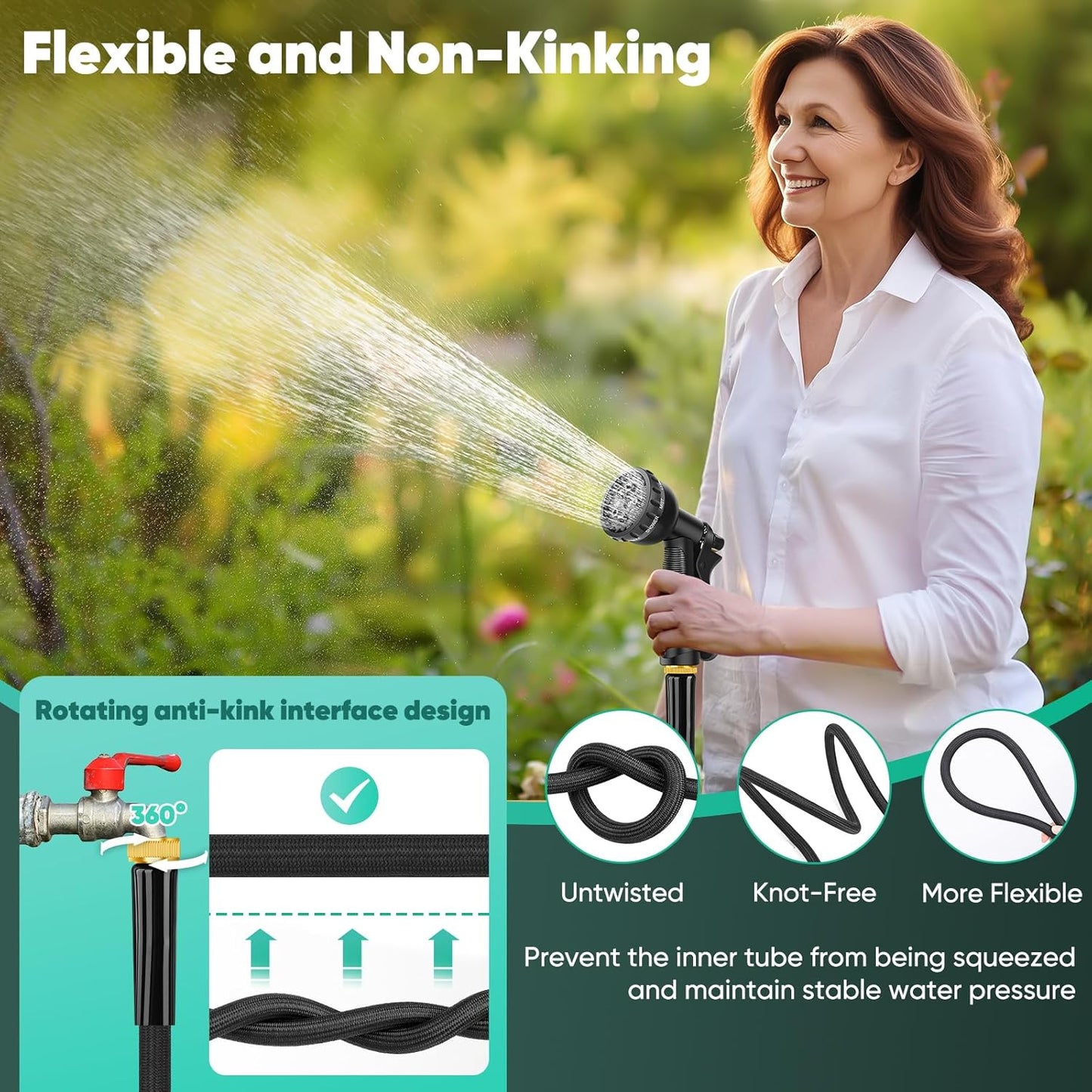 Garden Hose 25FT, Non-Expanding, Lightweight Hose, Leak-Proof Metal Interface, No-Knots, Easy to Carry, Wear-Resistant, Sturdy, Flexible, 3/4GHT, Water Hose for Yard, Garden, NO-Nozzle