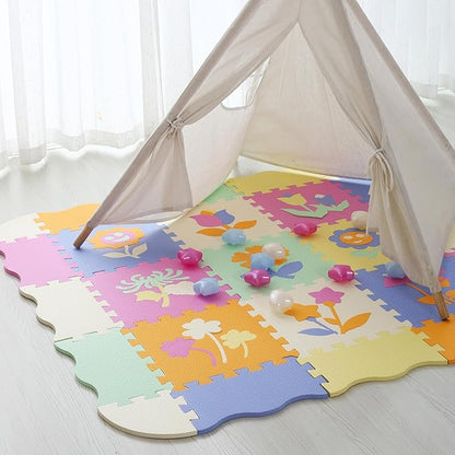 Foam Play Mat for Kids，25Pcs Square Interlocking Puzzle Floor Mat，Baby Play Mat Floor Mat Foam Puzzle Playmat for Toddlers with Fence（Flower-CSH037