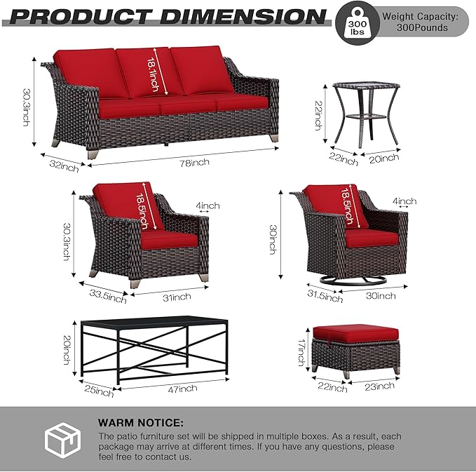 Joyside Wicker Patio Furniture Sets, 8 Pieces Upgraded Large Size Outdoor Furniture with Swivel Rocking Patio Chairs, Patio Dining Chair, 3-Seat Sofa, Outdoor Ottoman, Thick Cushions, Wide Armrest