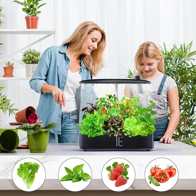 Hydroponics Growing System Kit 12Pods, Birthday Gifts for Mom Women, Herb Garden Indoor with LED Grow Light for Home, Adjustable Height Up to 17", 12Pods,Auto-Timer (Black)