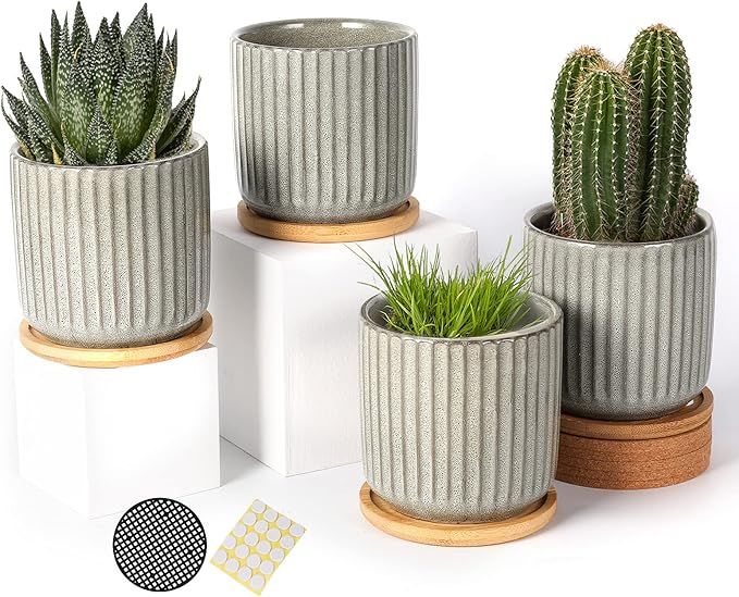 OMAYKEY 4 Inch Ceramic Plant Pot with Saucer, Creative Stripe Grey-Green Small Planters Pots with Drainage Hole and Mesh Pads for Succulent, Cactus, Herbs - Set of 4