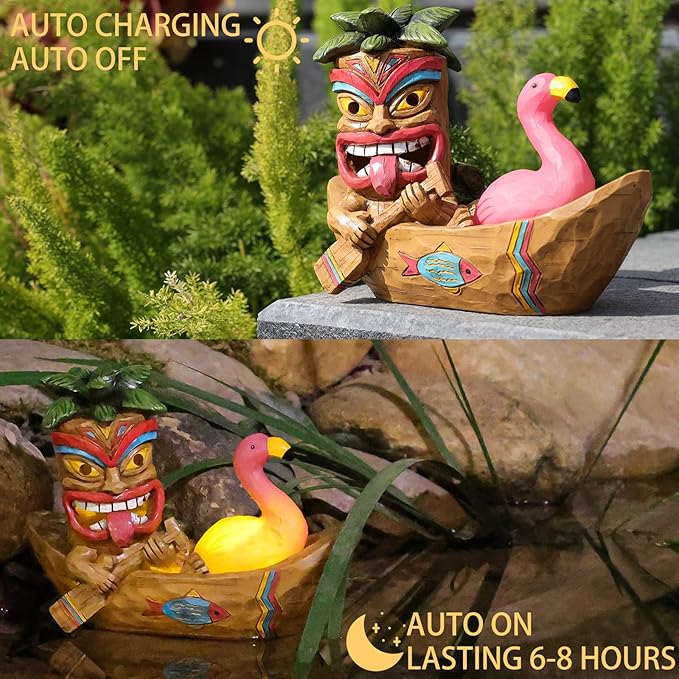 Solar Tiki Statue Outdoor Decor-Tiki Bar Decor -Outdoor Tiki Statue Decoration for Garden,Lawn,Balcony,Yard,Tiki Flamingos Boating Hawaiian Tropical Decor Figurine Gift