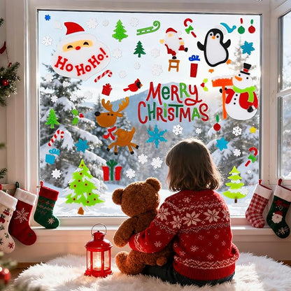 6 Sheet Christmas Window Clings Gel Santa Claus Snowman Snowflake Cardinals Penguin Christmas Window Decorations, Merry Xmas Wall Decor Stickers, School Home Xmas Party Decorations