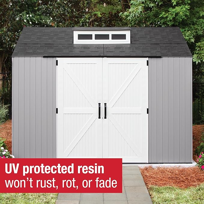 Rubbermaid Extra Large Resin Outdoor Storage Shed With Floor (7 x 10 Ft.), Weather Resistant, Brown, Organization for Home/Lawn Mower/Backyard Equipment/Bike Storage/Pool Supplies